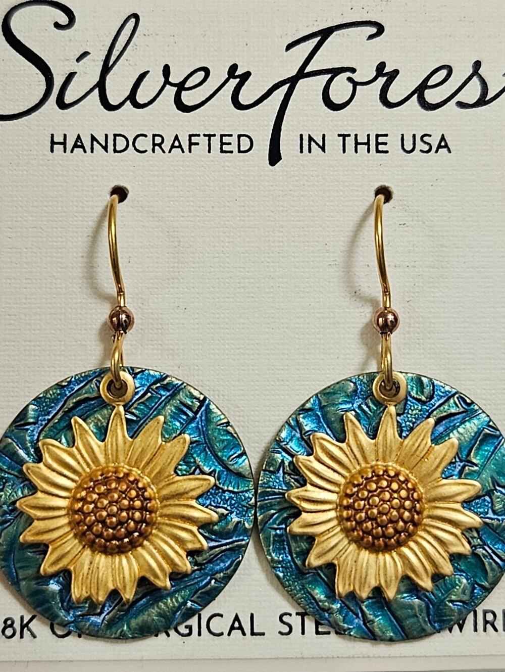 SILVER FOREST 18K ON SURGICAL STEEL BLUE & YELLOW SUNFLOWER EARRINGS - Picture 4 of 8